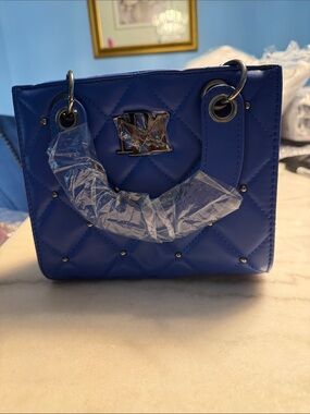 Blue Quilted Satchel Handbag with Chain Handles